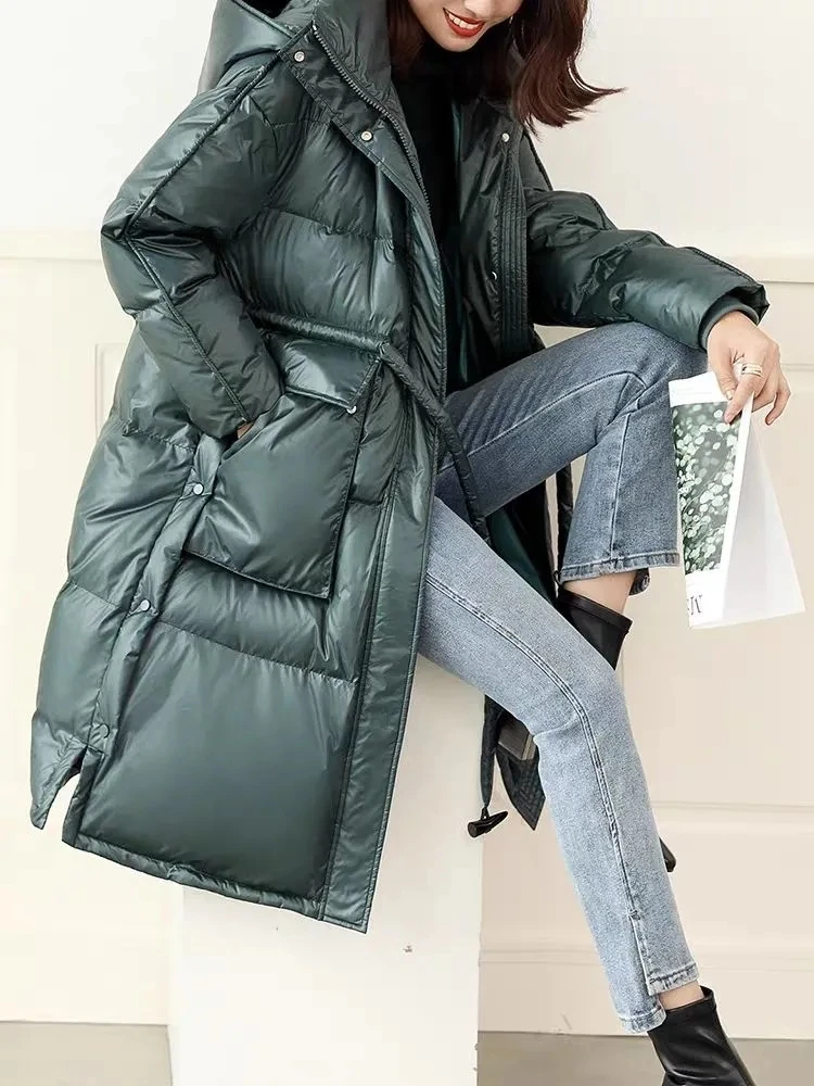 High End Temperament Down Jacket Womens Parkas 2024 New Long Winter Jacket Hooded Thicken Warm White Duck Down Coat Female