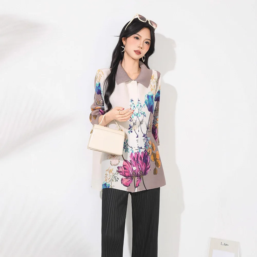 Miyake's New Spring and Summer Top Women's Pleated Fashion Print Loose Foreign Style Versatile Casual Lapel Breasted Shirt