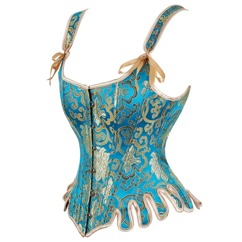 Vintage Embroidered Blue Corset Top with Should Strap Women Gothic Sexy Bustier Renaissance Overbust Corselet Steampunk Bodice