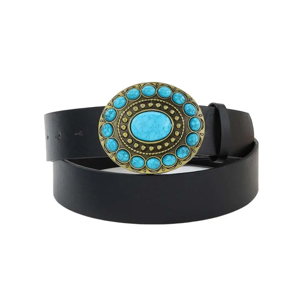 Metal Buckle PU Leather Belt Ethnic style Beaded Wide Side Waist Belt Blue Stone All-match Korean Style Waistband Party