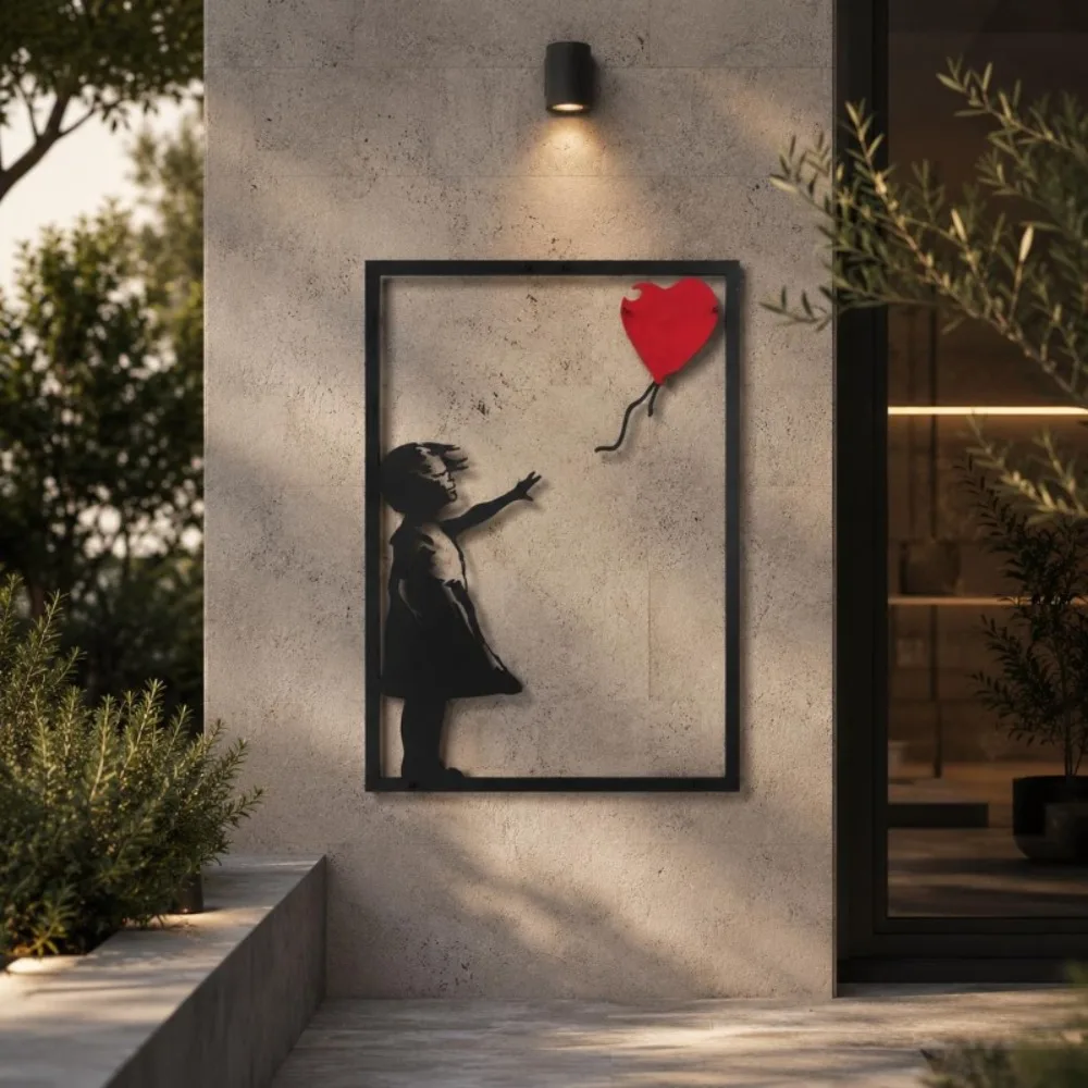 Girl With Red Heart Balloon Metal Wall Art Sculpture For Urban Street Style Home Decor And Modern Entryway Accent