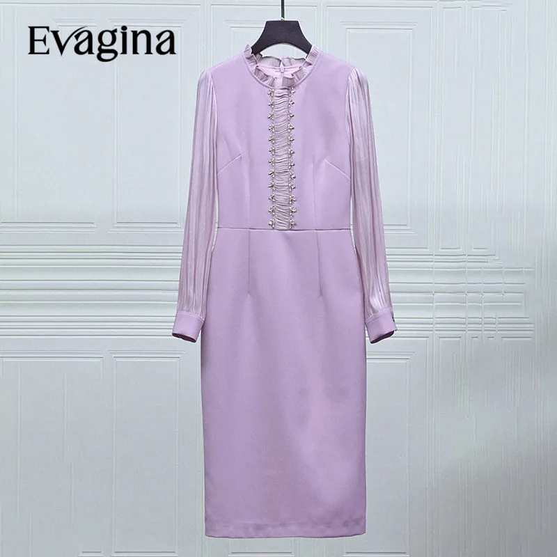 

Evagina 2023 Office Lady Fashion Designer Dress Women's Rhinestone Ruffled Collar Lantern Sleeves Luxury Midi Package Hip Dress