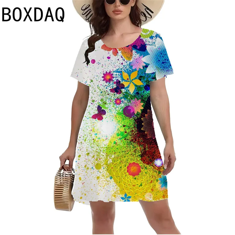 Damska sukienka na co dzień kolorowa 3D Tie-dye gradientowa drukowana Mini sukienka letnia krótka O-Nexk linia Mini sukienka Vestidos