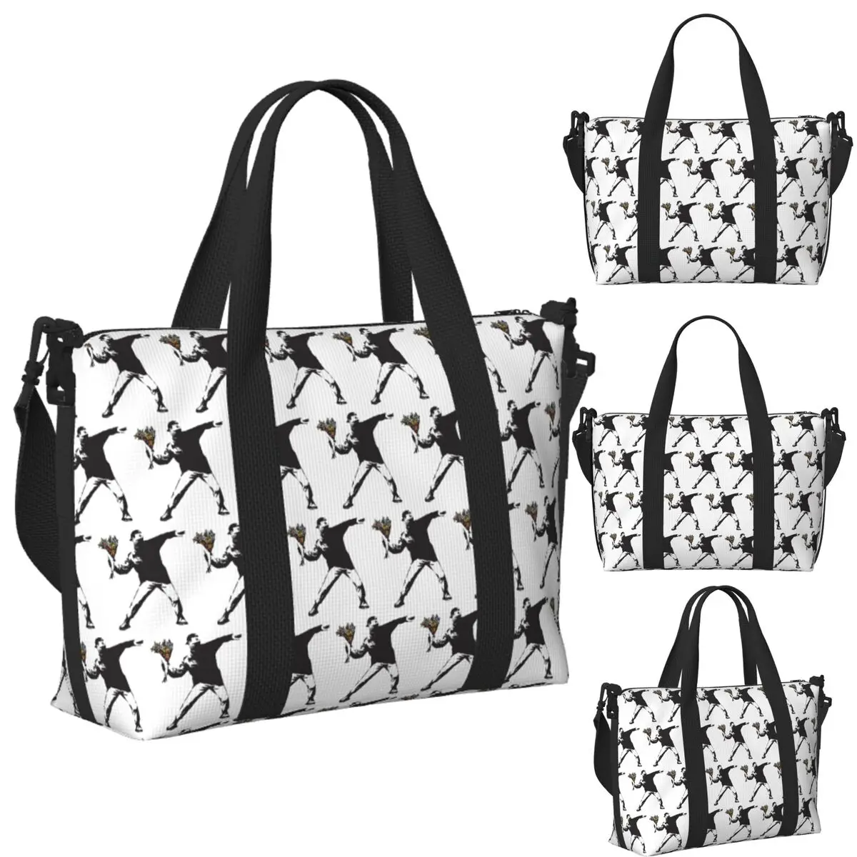 

Custom Banksy Graffiti Protest Anarchist Throwing Flowers Thrower Beach Travel Bag Tote Bags Women Shopping Duffle Shoulder Bag