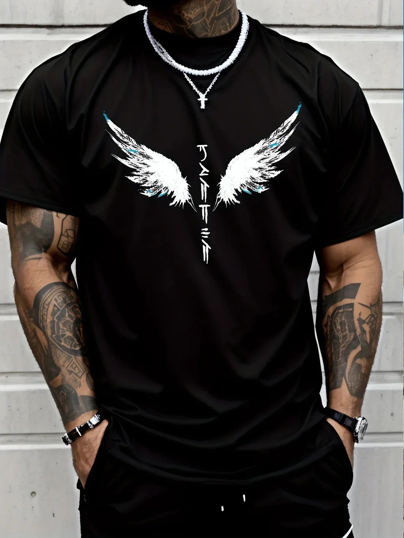

Fashionable Angel Wings Japanese style two-tone printed T-shirt sporty and casual streetHarajuku style comfortable men's T-shirt
