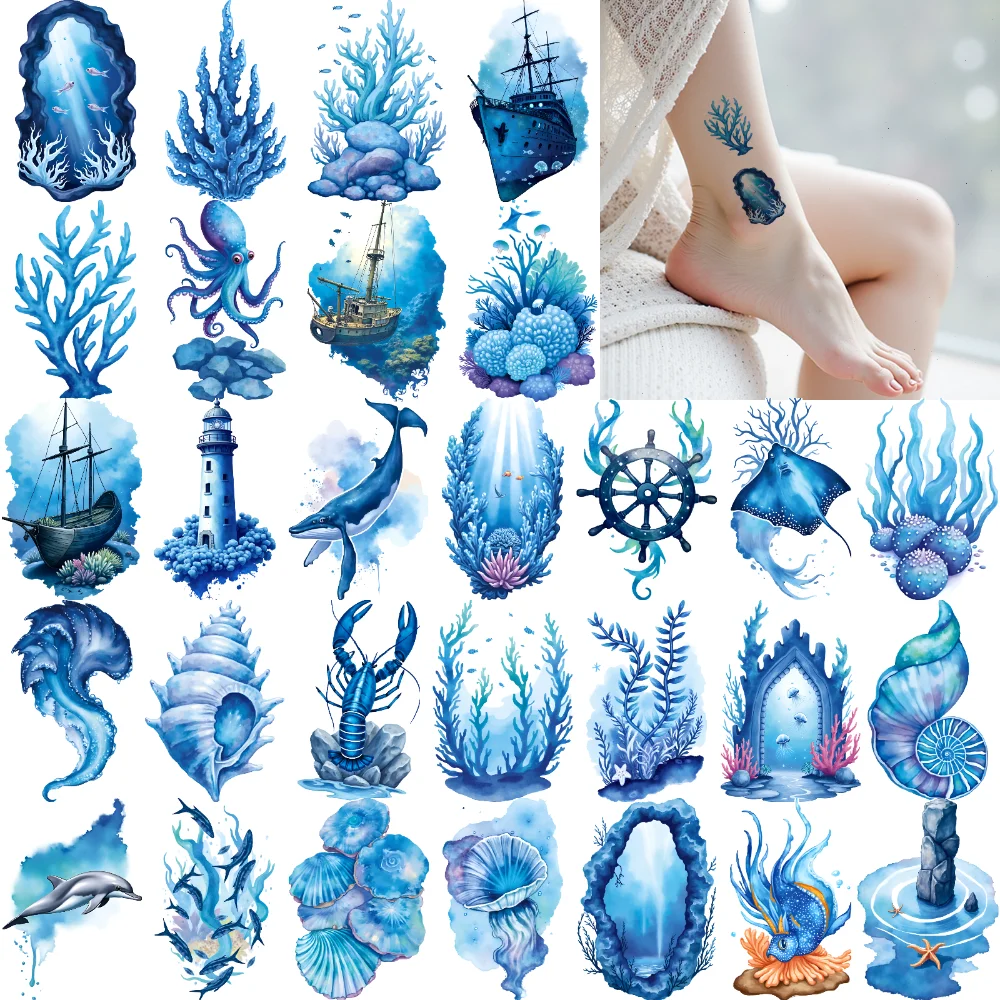 63pcs Temporary Tattoo Sea Creatures Watercolor Underwater Scenes Ocean Theme Waterproof Long-lasting Body Stickers For Men