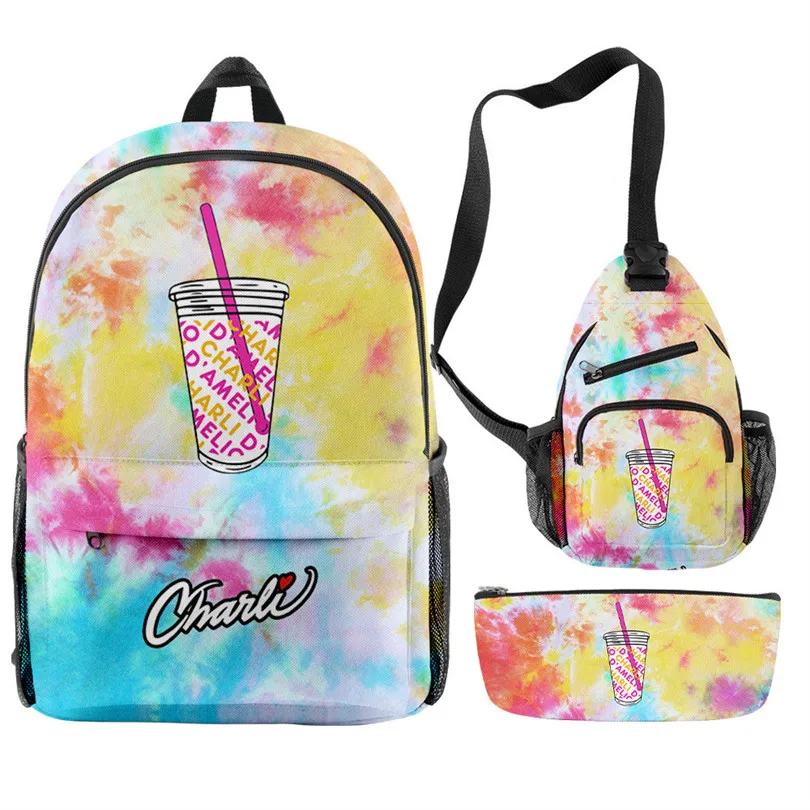 Hip Hop Popular Charli D'amelio Candy Color 3D Print 3pcs/Set pupil School Bags Travel Laptop Backpack Chest Bag Pencil Case