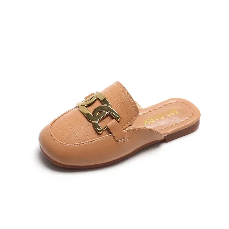 Little Girls Shoes Metal Ring Versatile Plaid Girls Slippers Cute Kids Fashion Casual Slides Non-slip Princess Home Shoes