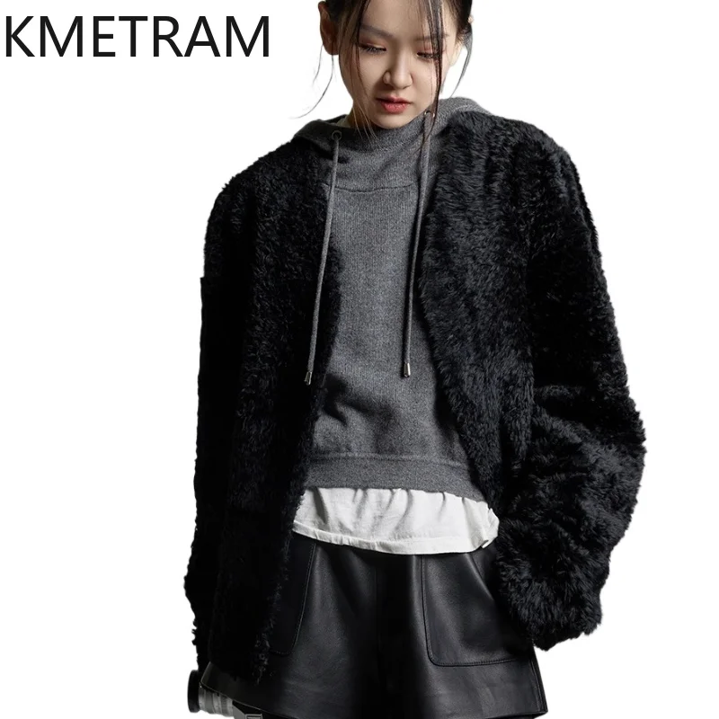 KMETRAM 100% Natural Lacon Wool Sheepskin Fur Coat Classic Black Women's Party Winter Jacket Winter Simple Clothing 2025 шуба