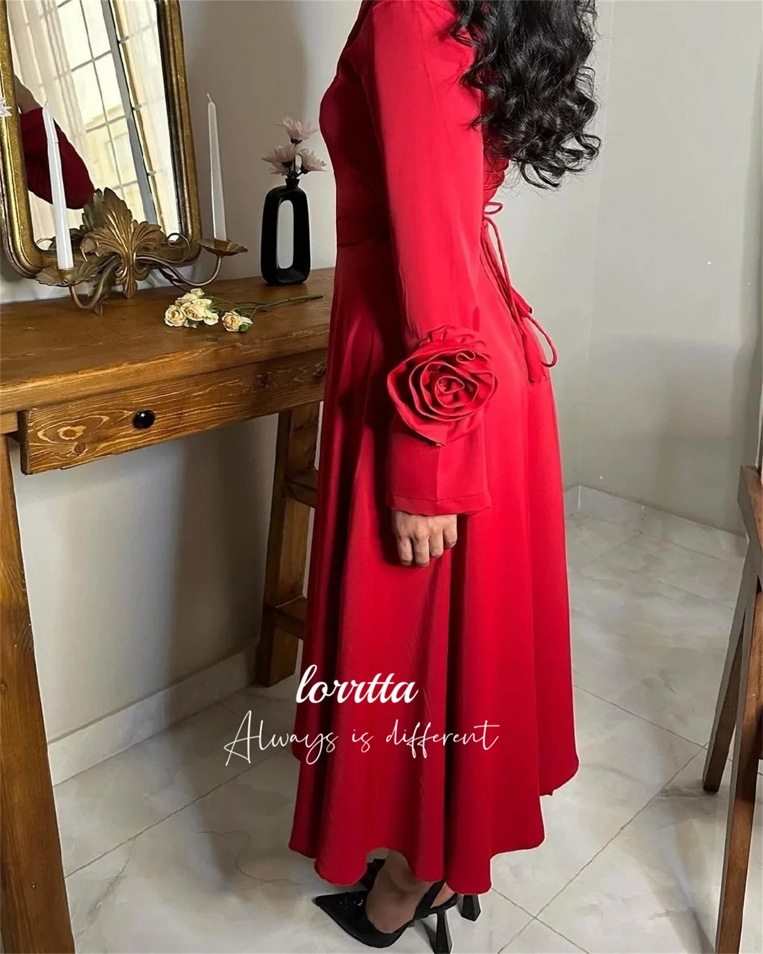 Lorrtta Medium Length Deep Red Long Sleeves V-neck Evening Dress Elegant Party Dresses Woman Prom Wedding Customized 2024 Gown