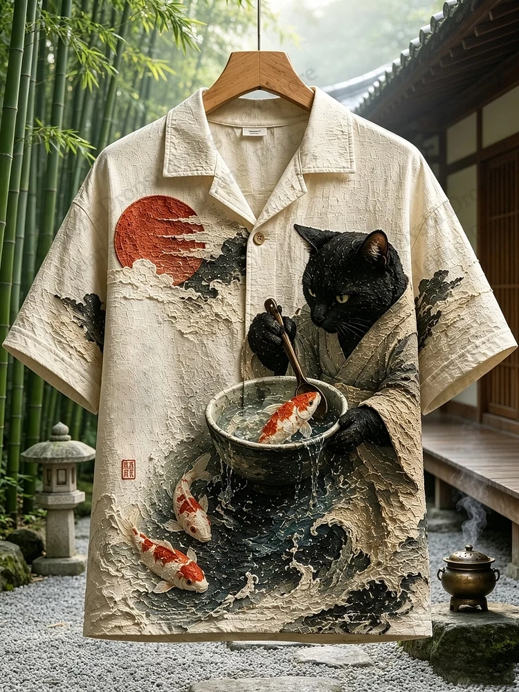 Japanese Ukiyo-e Style Samurai Koi Fish 3D Print Hawaiian Shirt Men Women Fashion Short Sleeve Single-breasted Cat Shirt Camisas