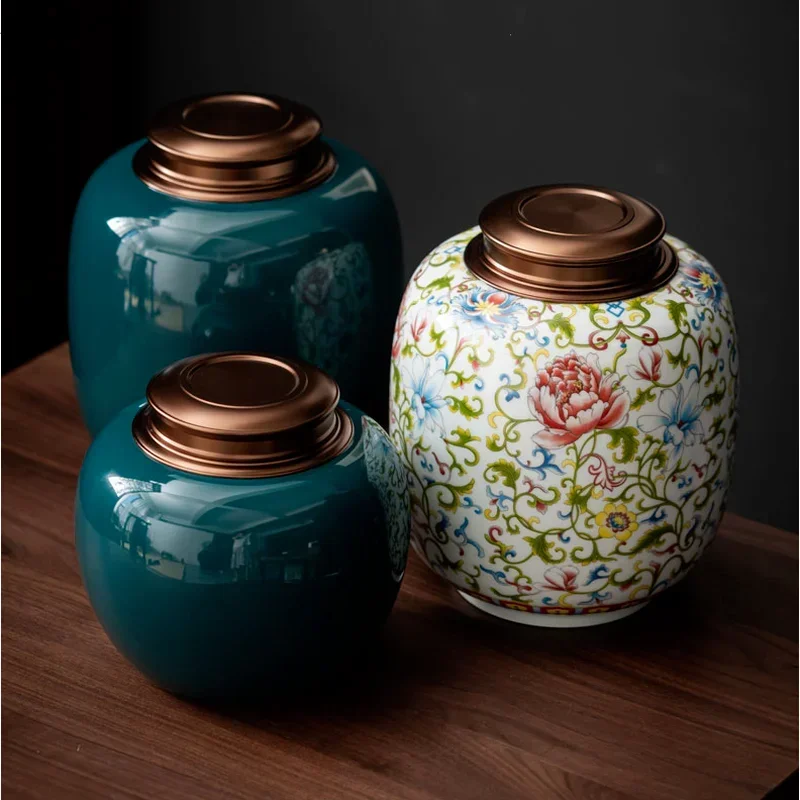 Ceramic Tea Caddy with Metal Cover Sealed Jar Storage Tank Moisture-proof Tea Box Teas Container Teas Organizer Food Storage Box