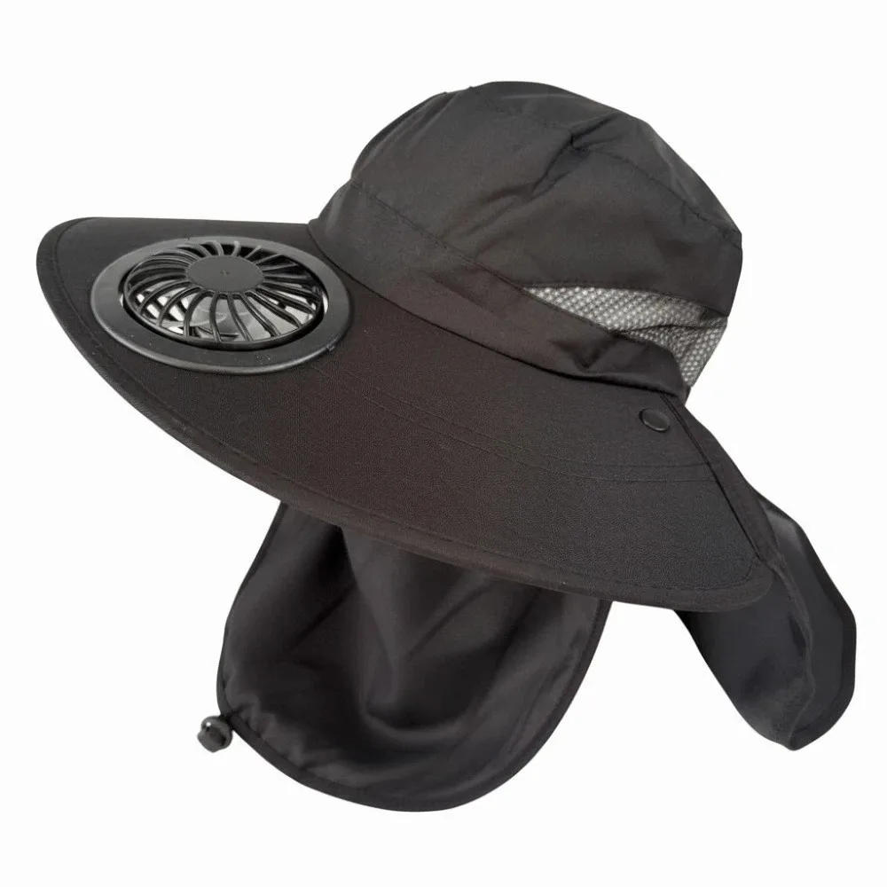 Portable Rechargeable Fan Hat Long-lasting Adjustable Fishing Sun Shading Hat 300mA with Neck Shawl Wide Brim Fan Hat Outdoor