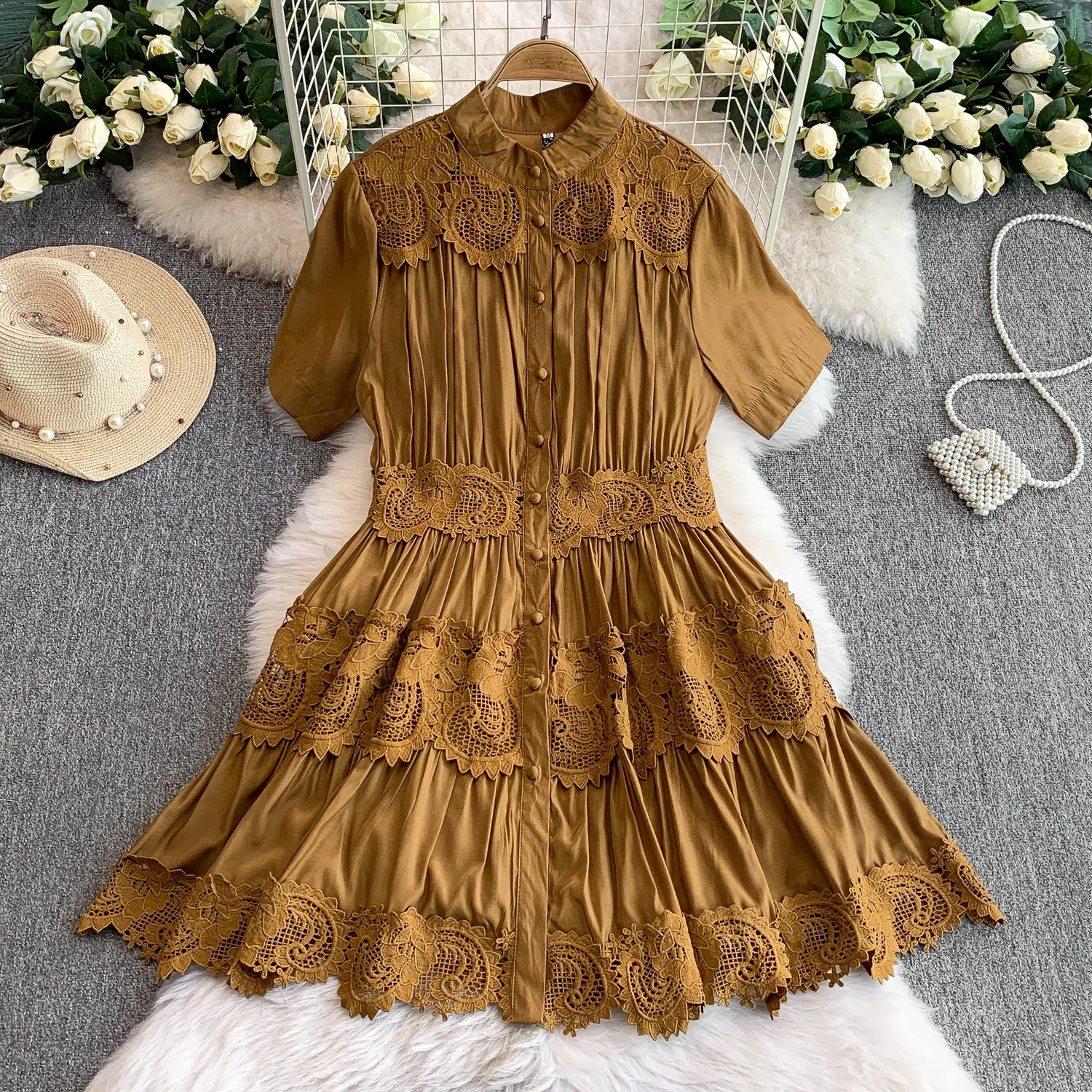 

French Brown Lace Stitching Embroidery Dress For Women Summer Single-breasted Waist Stand Collar Short-sleeved Cake Midi Dress