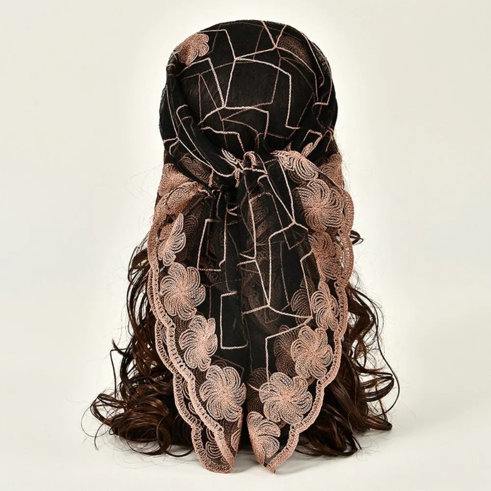 

Versatile Yarn Square Scarf 80*80cm Floral Embroidery Floral Embroidery Scarf Breathable Hair Wrap Women's Headwear Accessory