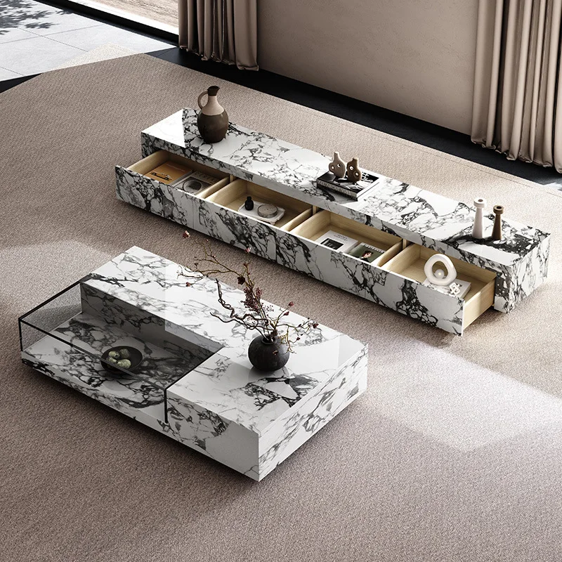 

Modern Italian minimalist rectangular coffee table TV cabinet combination living room home office rock slab small apartment Inte