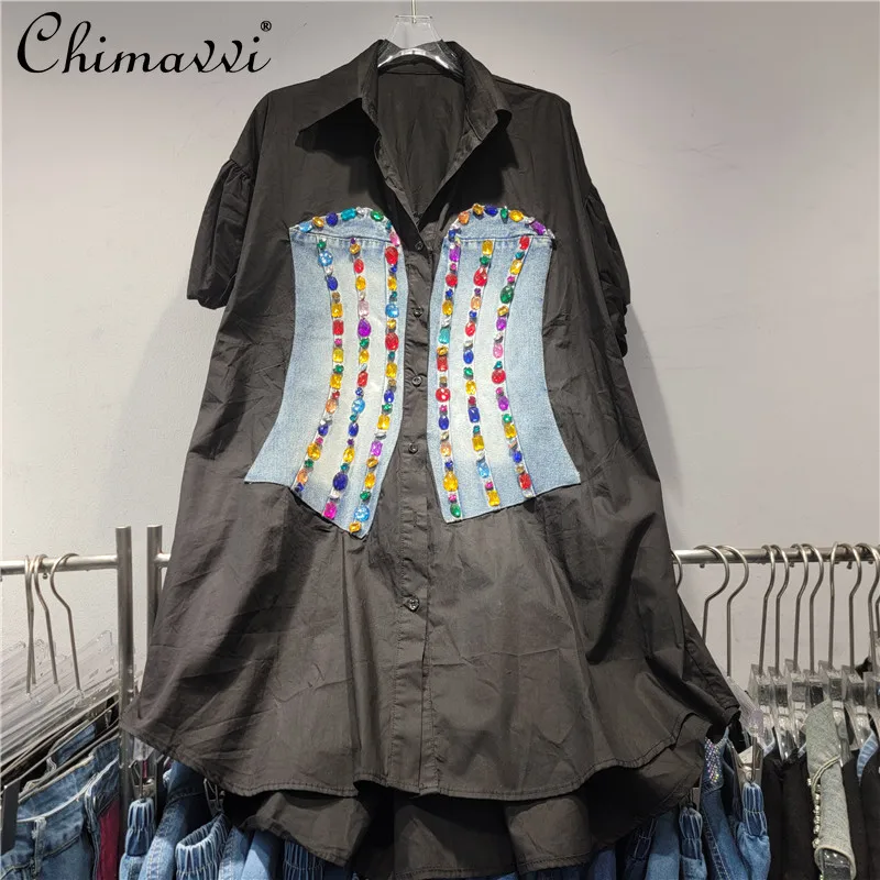 

Heavy Fashion Short Sleeve Splicing Denim Waist Shirt Women's 2025 Summer New High Street Skinny Contrasting Blouse Tops