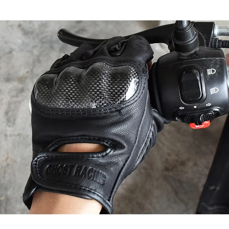 GHOST RACING Leather Half Finger Motorcycle Gloves Breathable Summer Motocross Moto Riding Offroad Fingerless Protective Glove