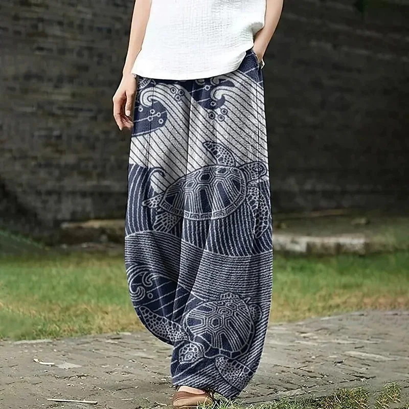 Women's Japanese Art Pocket Loose Casual Pants Harajuku Sakura Baggy Lantern Trousers Elegent Boho Trouser Floral Wide Leg Pants
