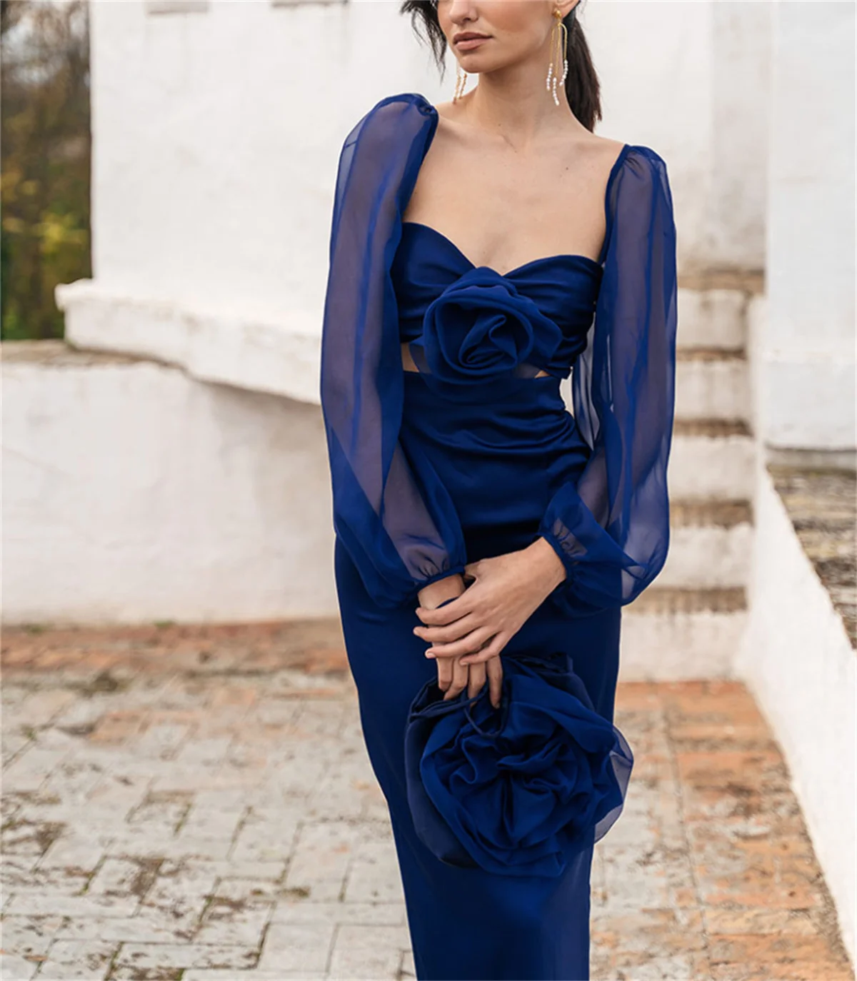 Elegantes blaues formelles Anlass kleid französisches High Neck Plissee Tüll Abendkleid Damen bis knöchel lange benutzer definierte Roben de Soirée