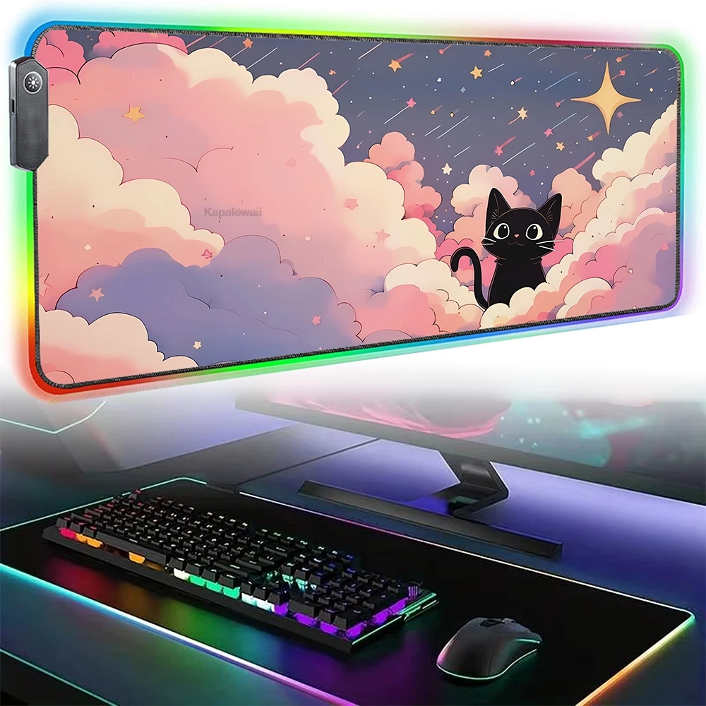 

Mousepad RGB Black Cat Cloud Colorful Mouse Pad Keyboard Mouse Mat Glow Large Rug Kawaii Pink Purple Desktop Protection Pads