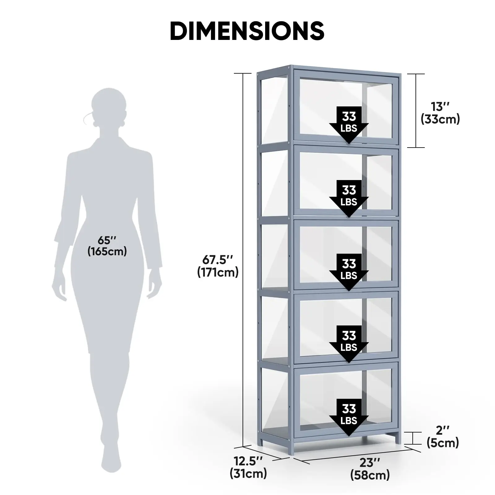 5-Tier Display Cabinet for Collectibles with Acrylic Doors, Gray
