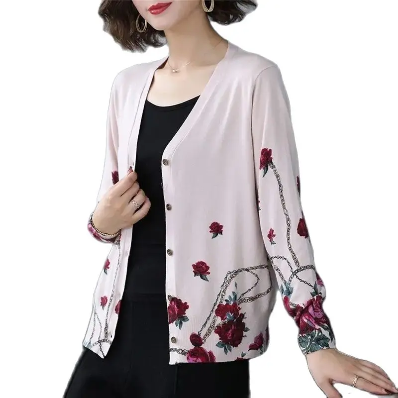 Fashion Plant Flowers Knit Sweater Cardigan Women's knitwear  Spring Autumn Knitted Jacket Casual Outerwear Tops Korean Version