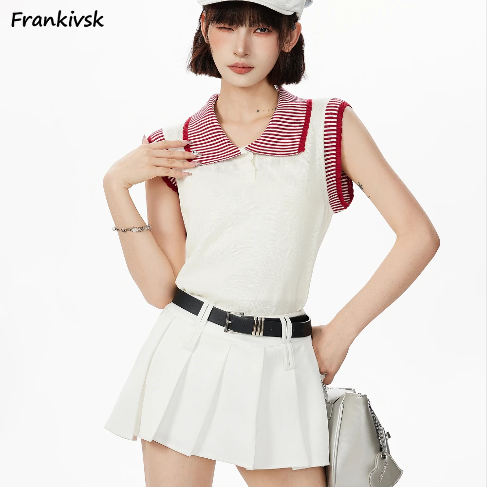 

Women Classical T-shirts Striped Turn-down Collar Lightweight Simple Summer Breathable Knitted Retro Korean Style Casual Clothes