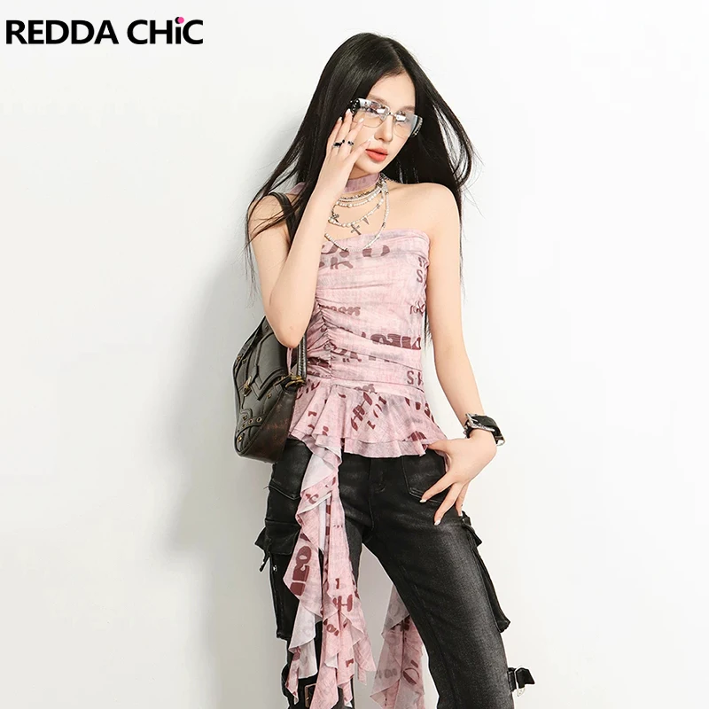 

REDDACHiC Y2k Gyaru Женский укороченный топ-бандо с принтом, асимметричными оборками и бахромой, сетчатый, эластичный, летний, альтернативная одежда