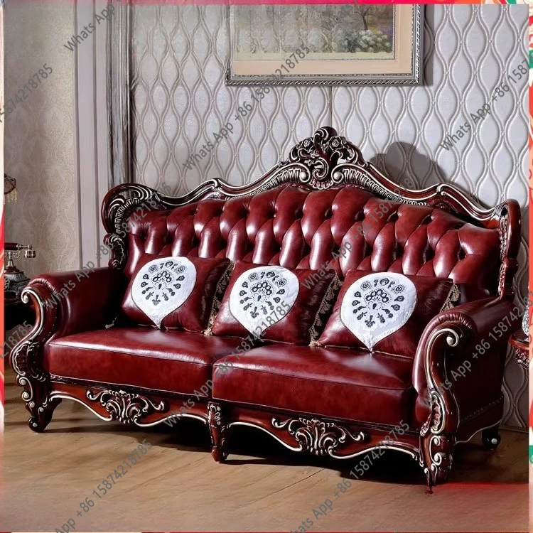 

European high-end solid wood oak carved leather sofa combination, villa living room sofa top layer leather