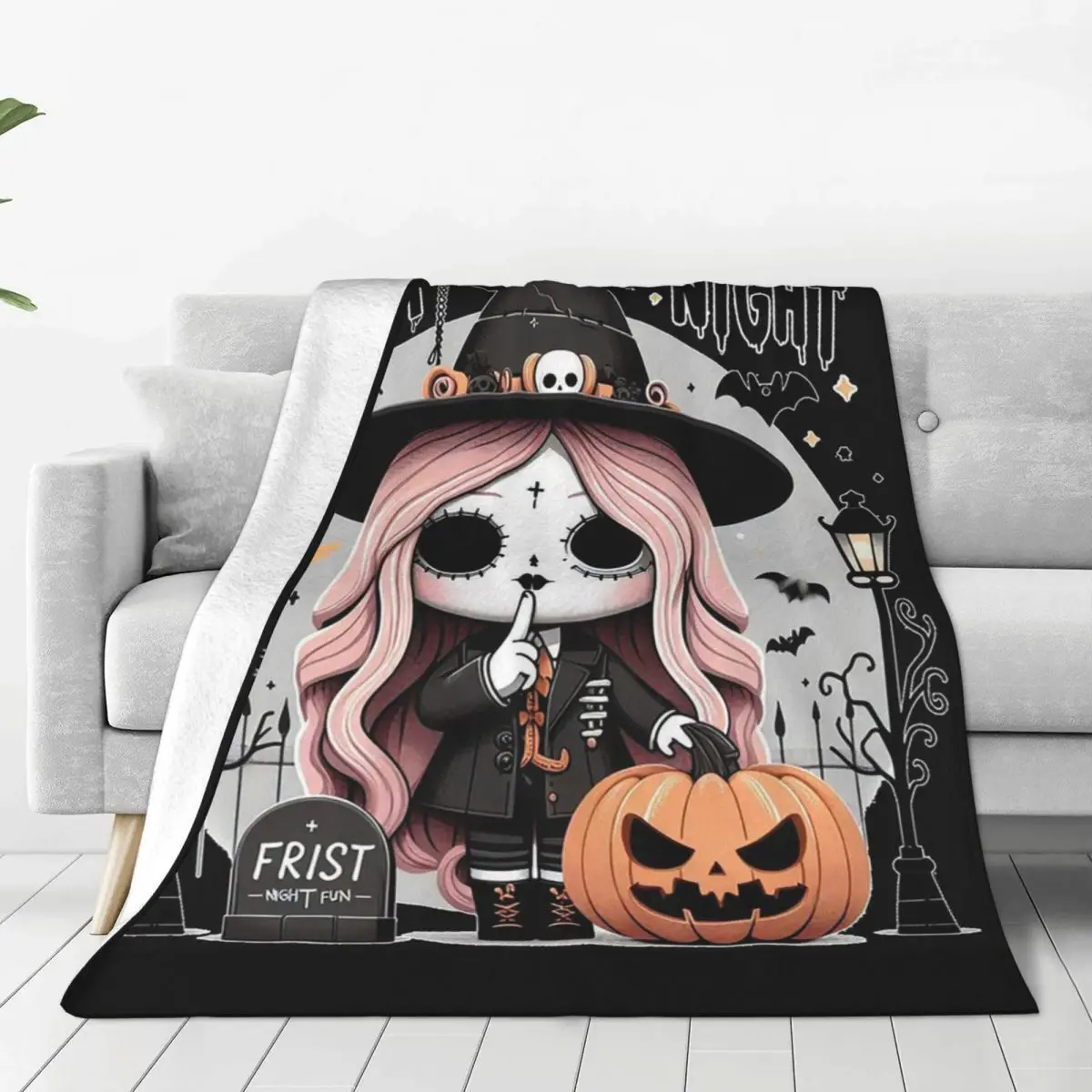 Fright Night Cute Doll Pumpkin Halloween Blankets Fleece Sofa Throw Blankets For Couch Bedding Office Throws Bedspread Quilt