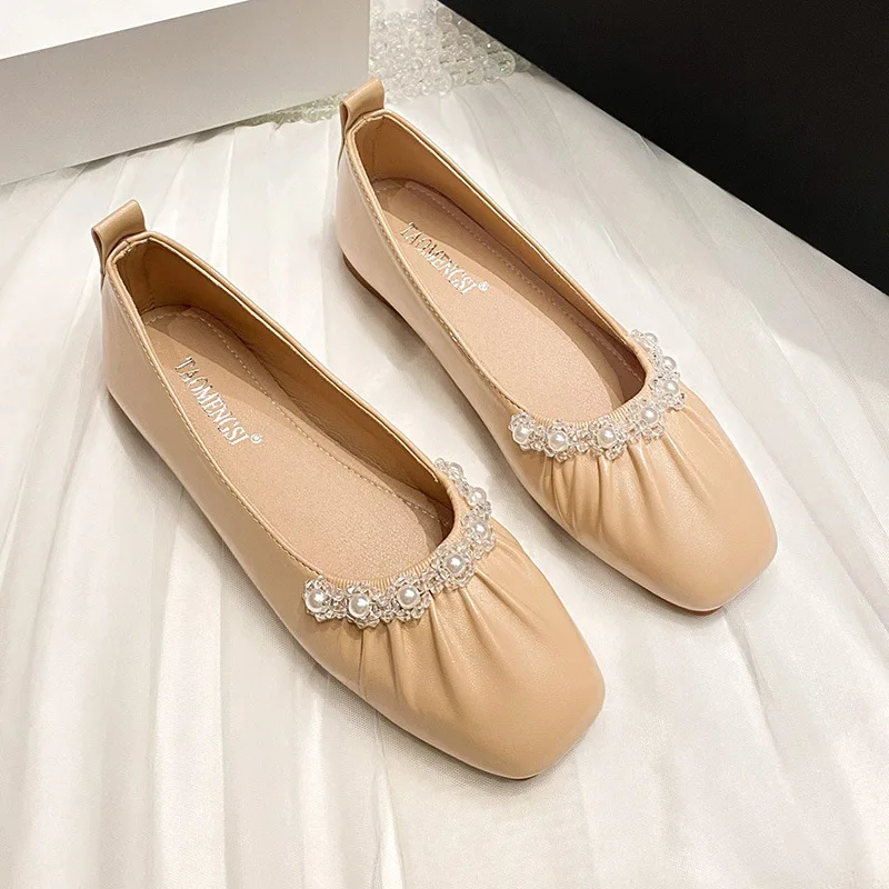 รองเท้าผู้หญิงรองเท้าสบายๆรองเท้าผ้าใบหญิงปากตื้น Soft Pearl ตกแต่งสแควร์ Toe สบายยายประดับด้วยลูกปัด Leisu