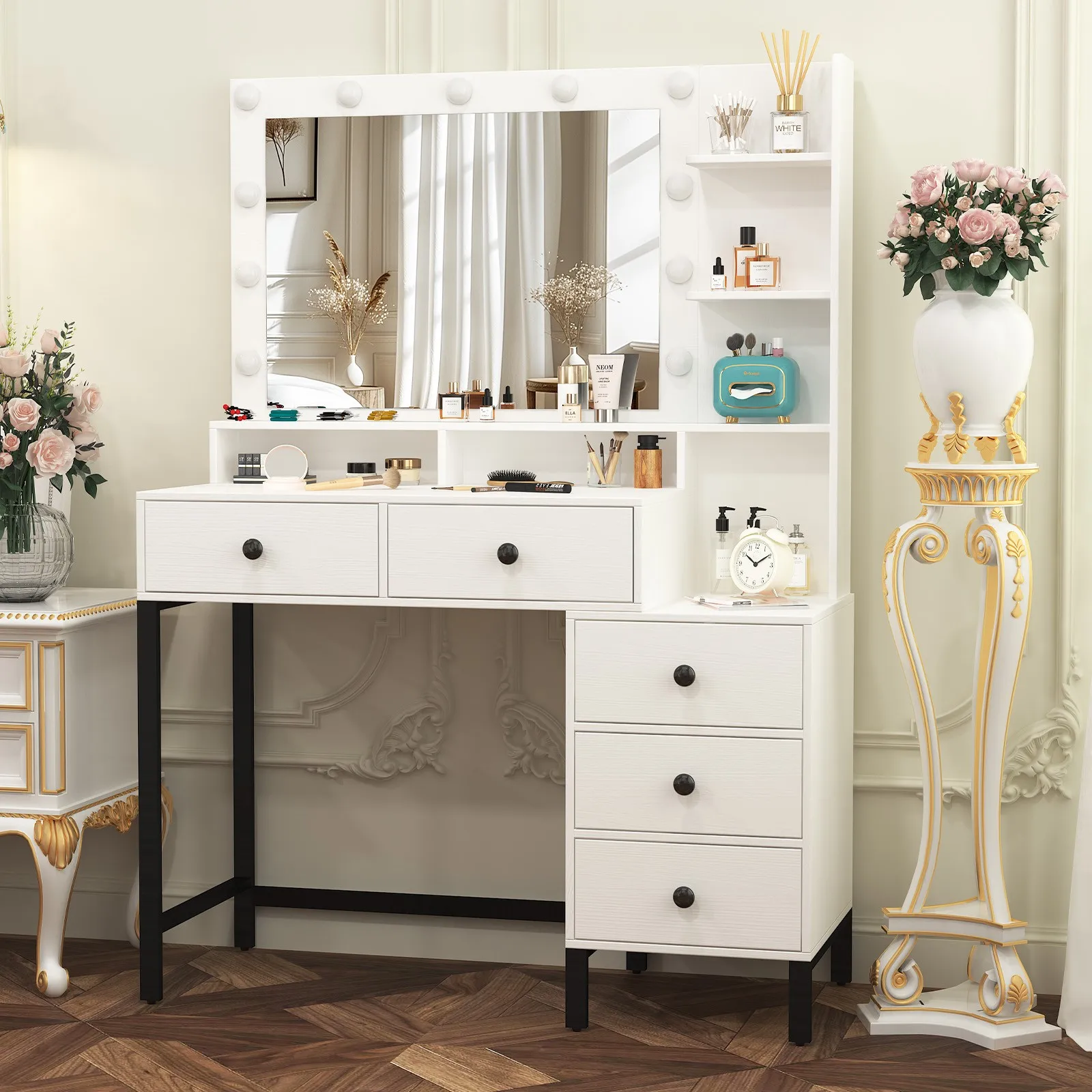 Tocador de maquillaje, escritorio de tocador de maquillaje blanco moderno con 5 cajones y 10 espejos LED para dormitorio