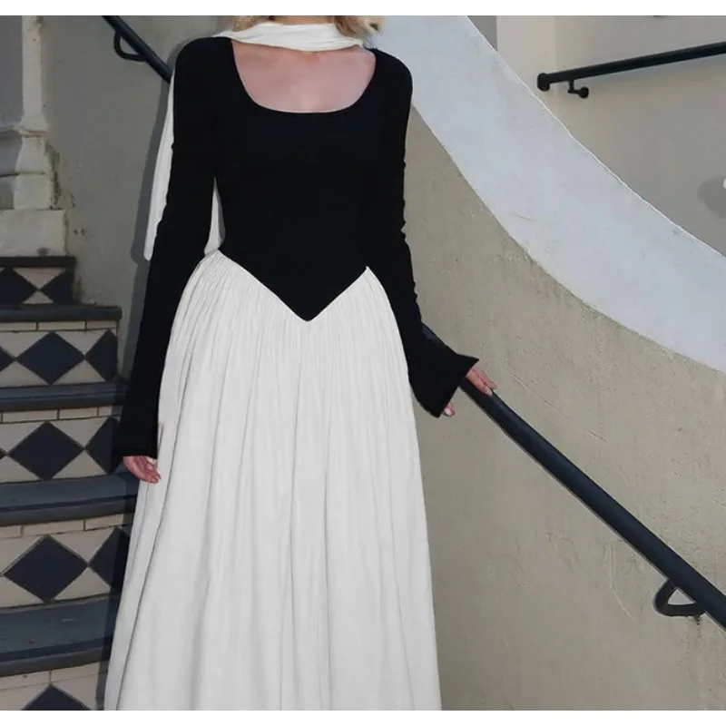 

2025 Fashion Autumn and Winter New Women's Fashion Contrast Sexy U-neck Long Sleeves Waist Big Swing Dress for Women
