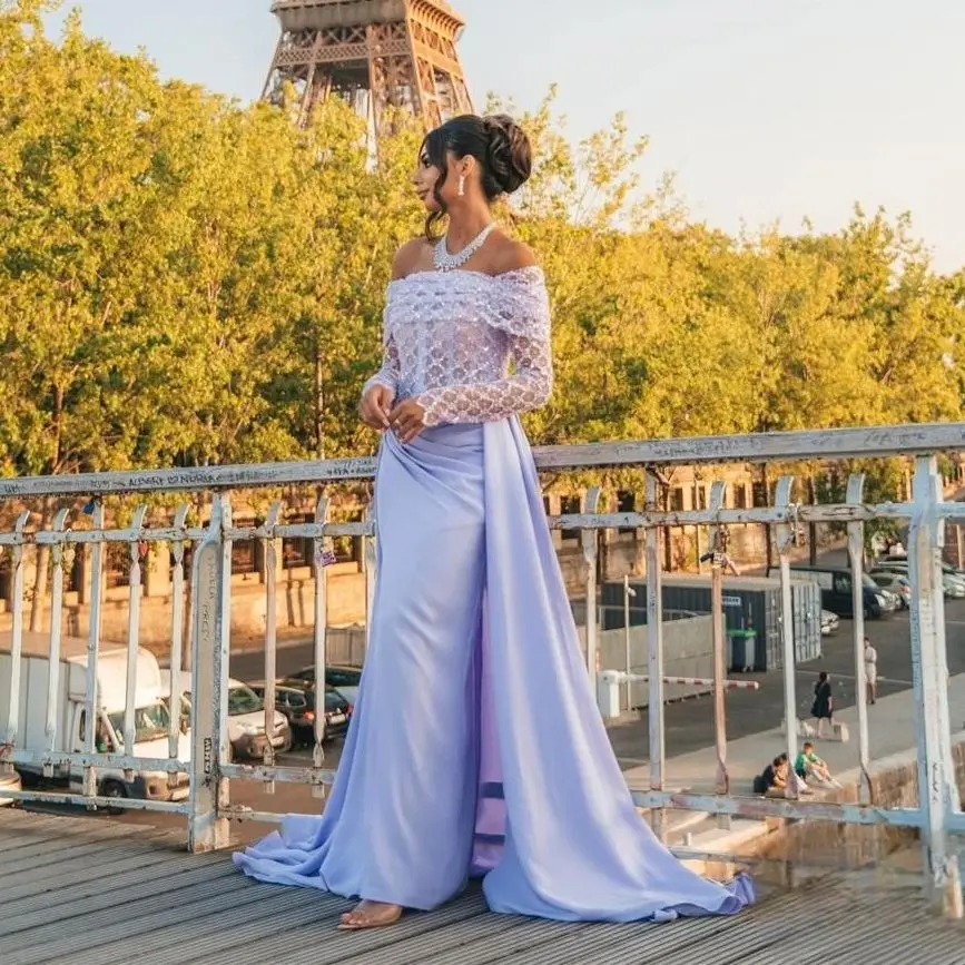 Vestidos de Fiesta de satén con abertura, elegantes vestidos de noche formales de manga larga con hombros descubiertos, longitud hasta el suelo