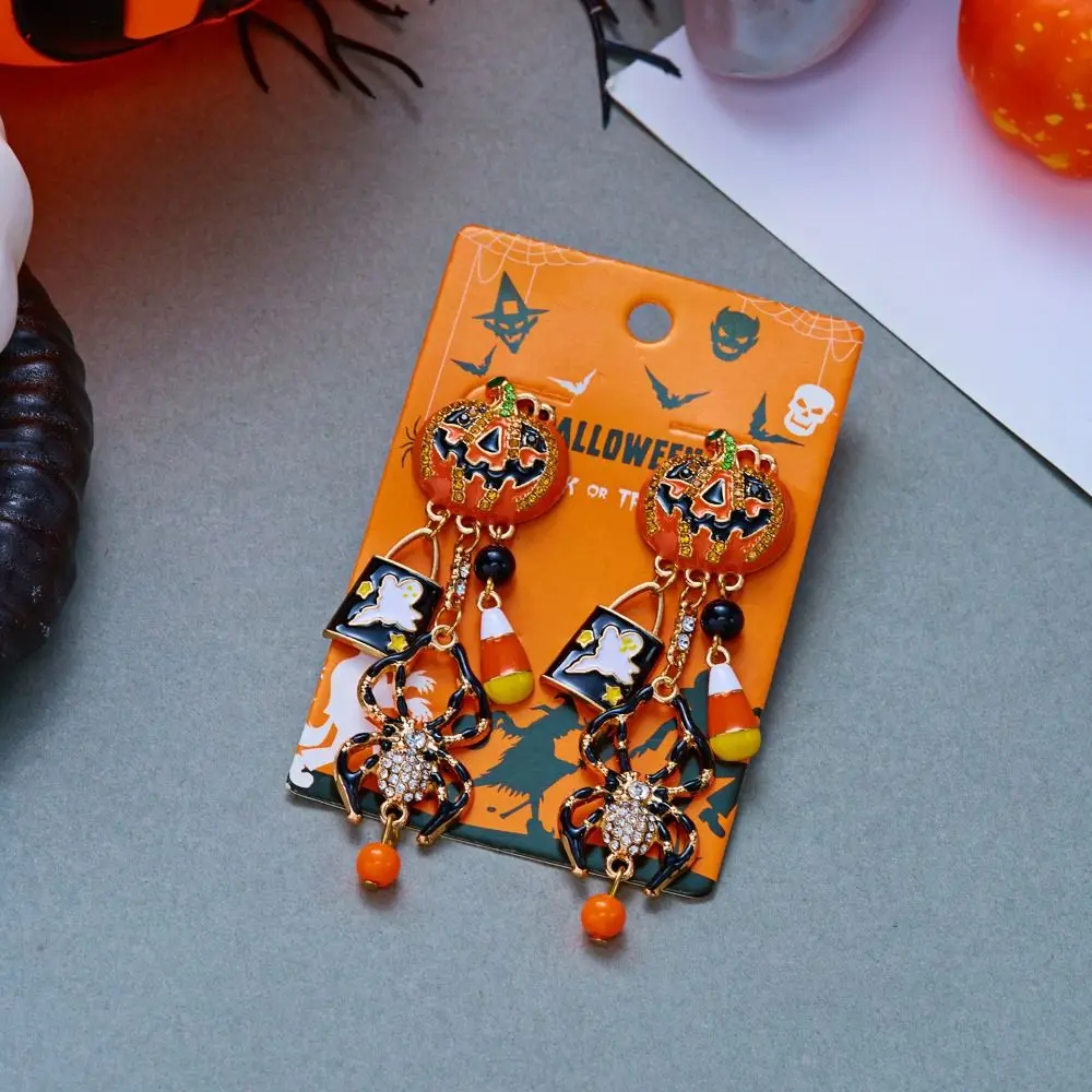 Exquisite Rhinestone Halloween Earrings Zircon Trick or Treat Pumpkin Ear Studs Crystal Dark Spider Dangle Earrings Cosplay