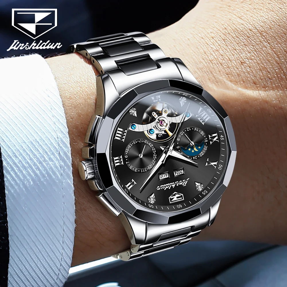 JSDUN Original Stainless Steel Luxury Business Watch for Men Luminous Dual Calendar Multifunction Automatic Mechanical Watch Men