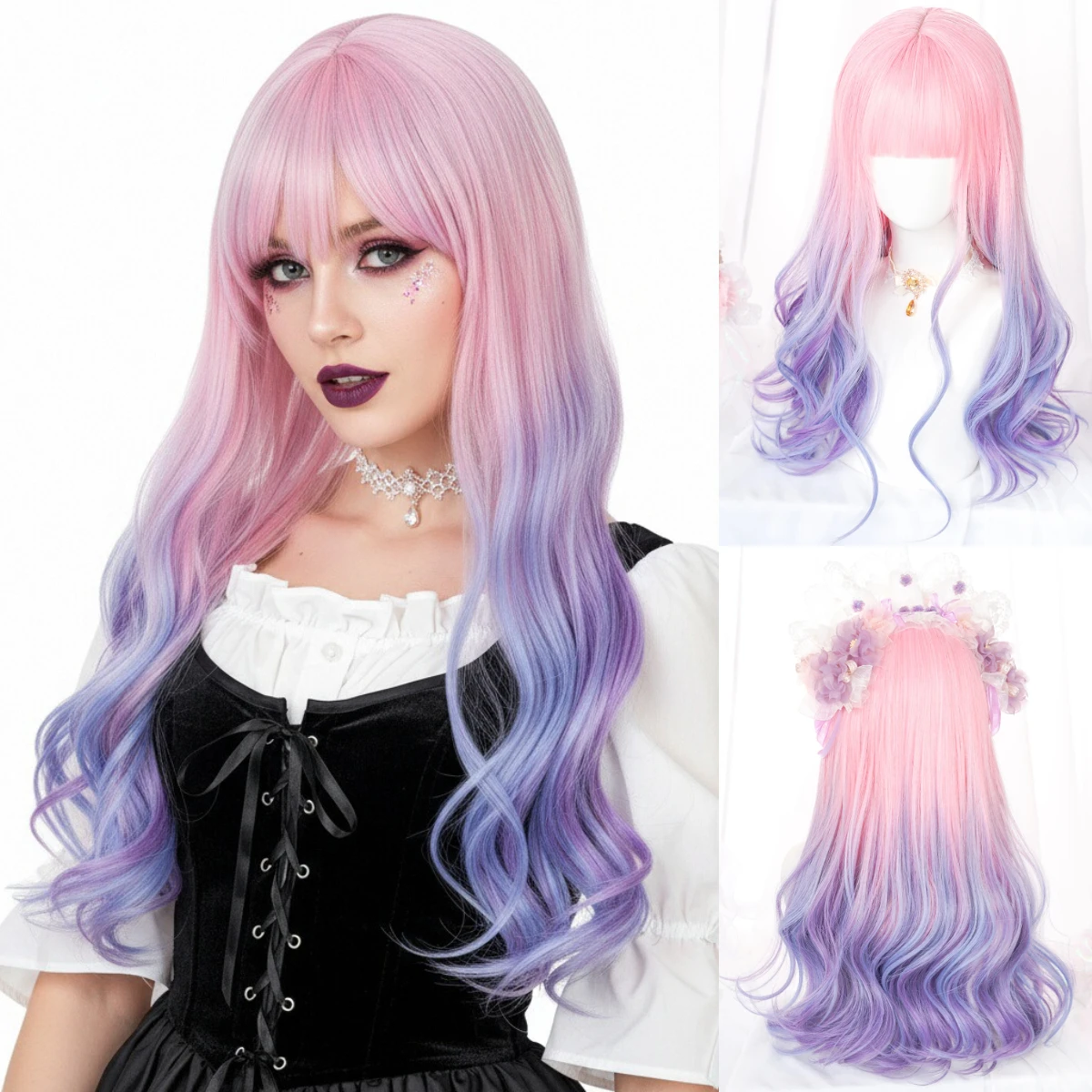 

GAKA длинные волнистые синтетические волосы розовый градиент синий/фиолетовый парик для косплея с челкой для женщин