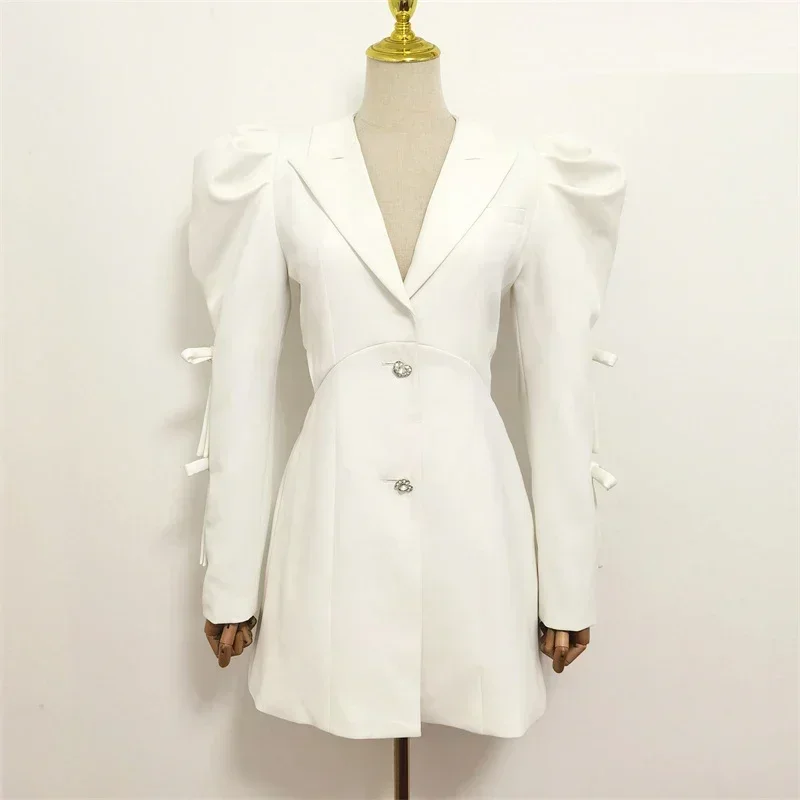 High Quality 2024 New Fashion Autumn Winter Women Full Sleeve Diamonds Button Big Bow Waist Hollow Out White Casual Blazer Dress