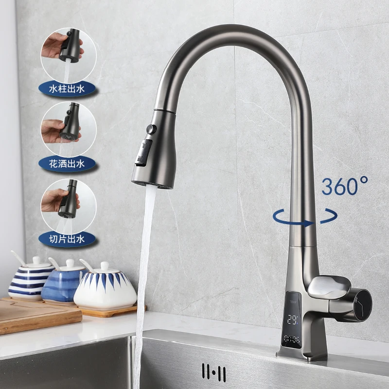 

1 Hole Kitchen Digital Display Sink Faucet Deck Mounted 3 Modes Pull Out Sink Faucet Single Handle Cold and Hot Mixer Taps Gray