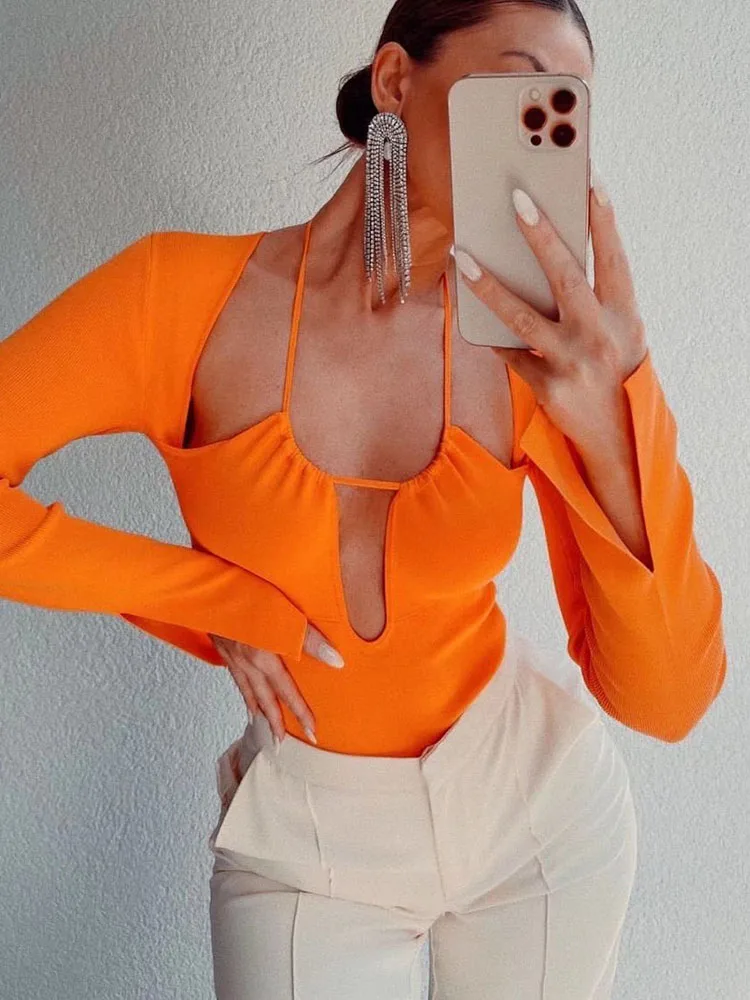 XEASY Damen Chic Design Mode Halter Bodysuit 2022 Sommer Orange Vintage Langarm V-ausschnitt Krawatte Body