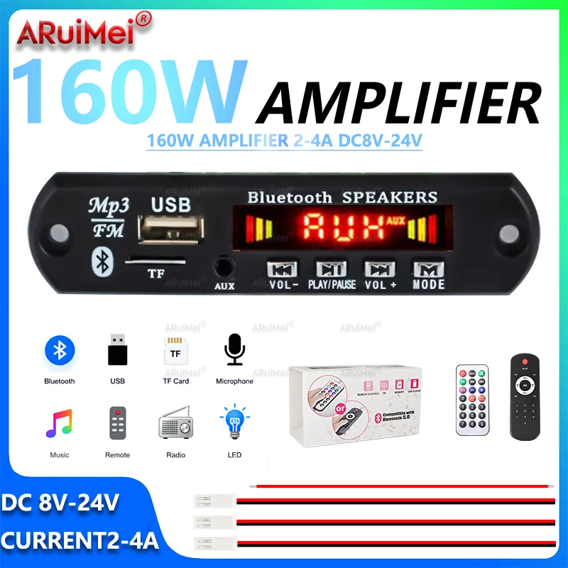 Kit amplificador Bluetooth 5,0 de 2x80W, 160W, con control remoto y caja de regalo, entrada amplia de 8-24V CC para Audio de coche, cine en casa, proyecto de altavoces DIY