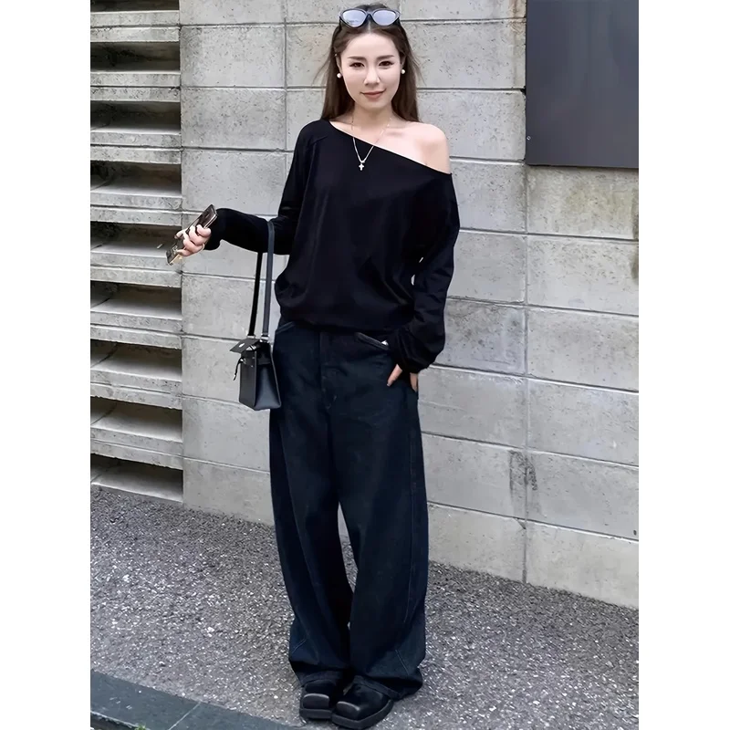 Black Loose Off-Shoulder One-Shoulder Neck Long Sleeve T-Shirt Women's Base Layer Top