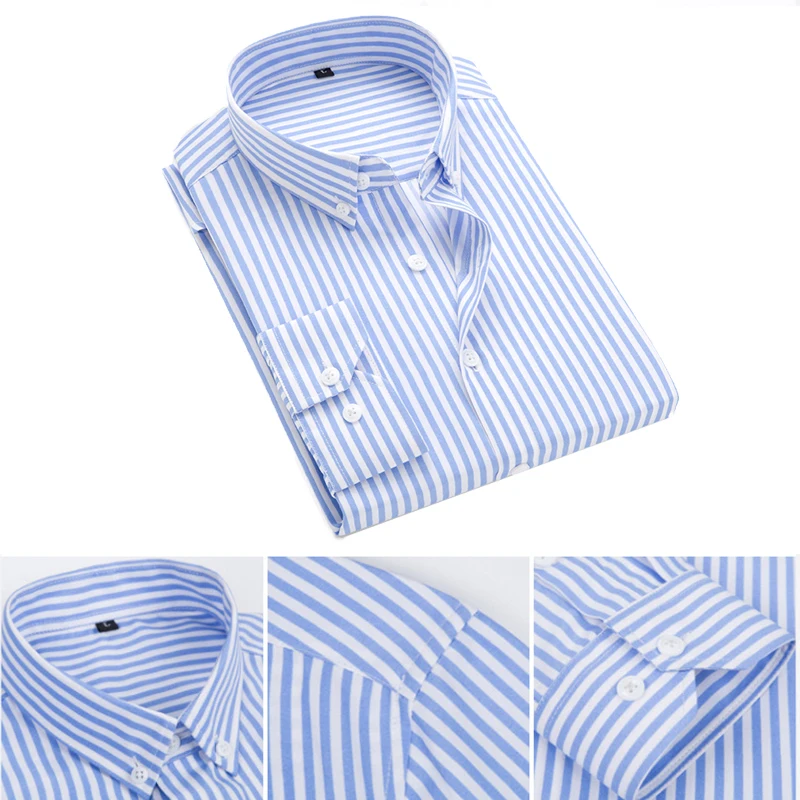 Plus Size Men\'s High Quality Dress Shirts Korean Casual Classic Busines Blue Striped Shirts Breathable Long-Sleeved Shirt Coat