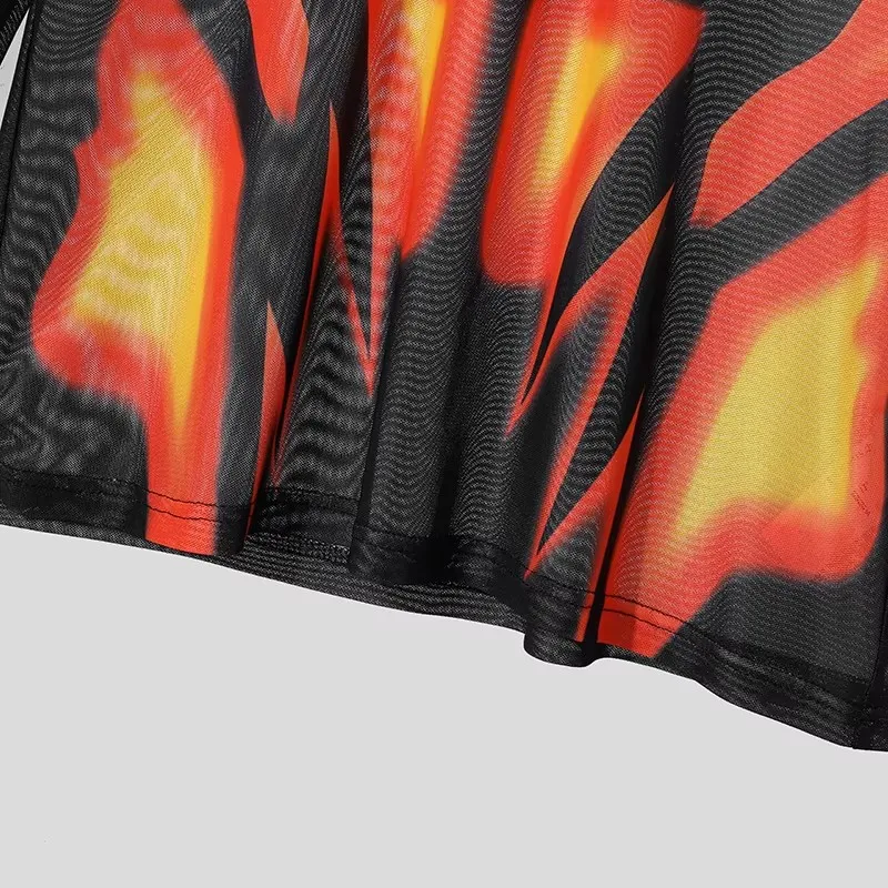 Herren-T-Shirt mit Stehkragen, Netzstoff, transparenten langen Ärmeln, Muskel-Print, durchsichtiges sexy Oberteil, Club-Party-Performance-Kostüm, schicke Kleidung – Detail 9