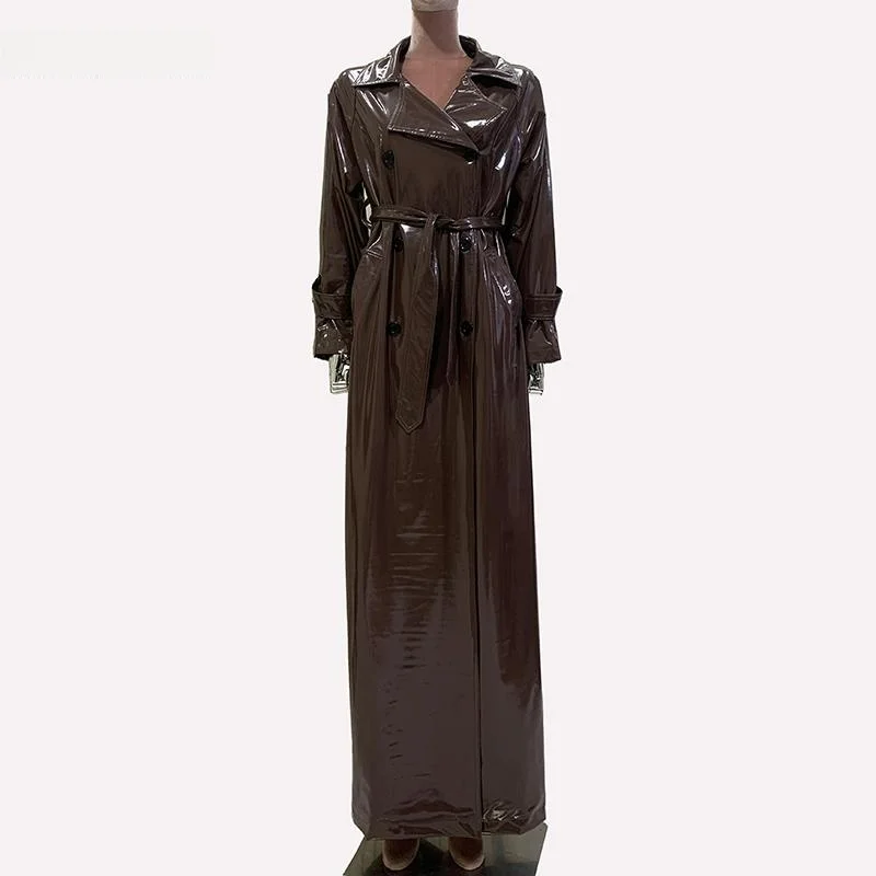 

Soft PU Leather Brown Windbreaker Jaet Women's Loose Long Sle Faionable Busin Commute Design High Gloss Fini