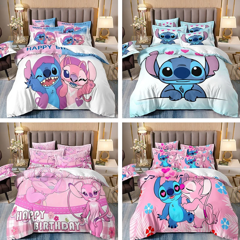 Set tempat tidur kartun Anime Disney Set Kawaii Stitch selimut penutup selimut sarung bantal kamar tidur dekorasi anak perempuan Set tempat tidur ukuran King kembar