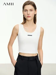 AMII Minimalism Women's Tanks & Camis 2023 Autumn New Clothing O-Neck Slim Letter Label Short Knitted Female Tops 12323078