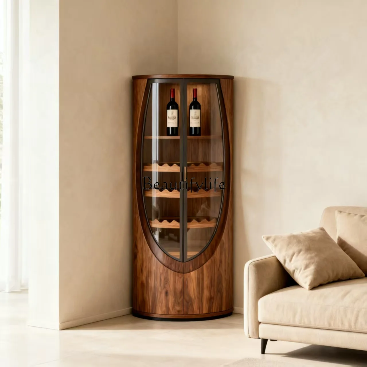 

North American black walnut wine cabinet aesthetics solid wood corner living room minimalist storage display cabinet