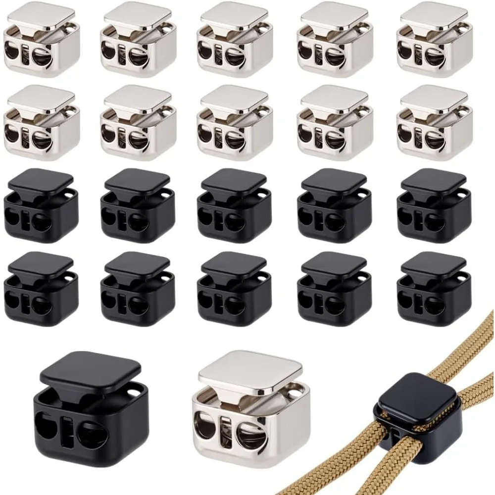

24pcs Heavy Duty Cord Locks 2 Colors Double Hole Drawstring Stopper Fastener 15mm Square Alloy Spring Drawstring Clip for Bags